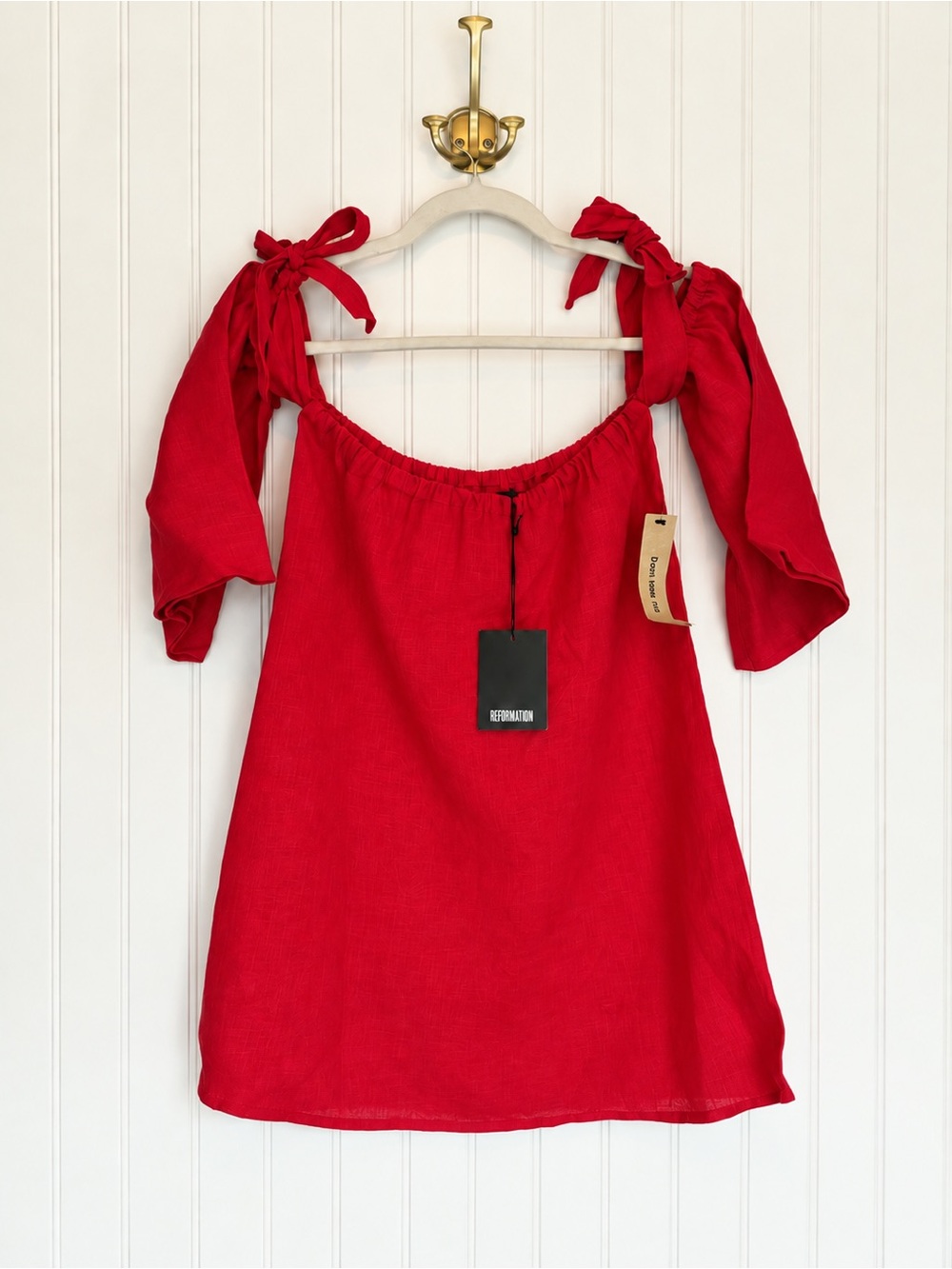 Reformation Carlita Red Mini Dress XS Tie Shoulder Off Shoulder Puff Sleeve NWT